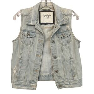Abercrombie & Fitch Women's Distressed Light Wash Denim Jean Vest Sleeveless S